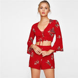 RED FLORAL FLARE SLEEVE LACE-UP SHORTS SET - B ANN'S BOUTIQUE, LLC