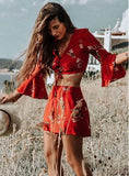 RED FLORAL FLARE SLEEVE LACE-UP SHORTS SET - B ANN'S BOUTIQUE, LLC