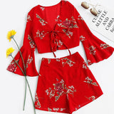 RED FLORAL FLARE SLEEVE LACE-UP SHORTS SET - B ANN'S BOUTIQUE, LLC