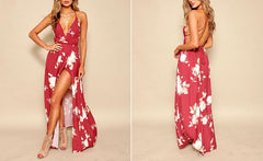 RED FLORAL MAXI WRAP DRESS