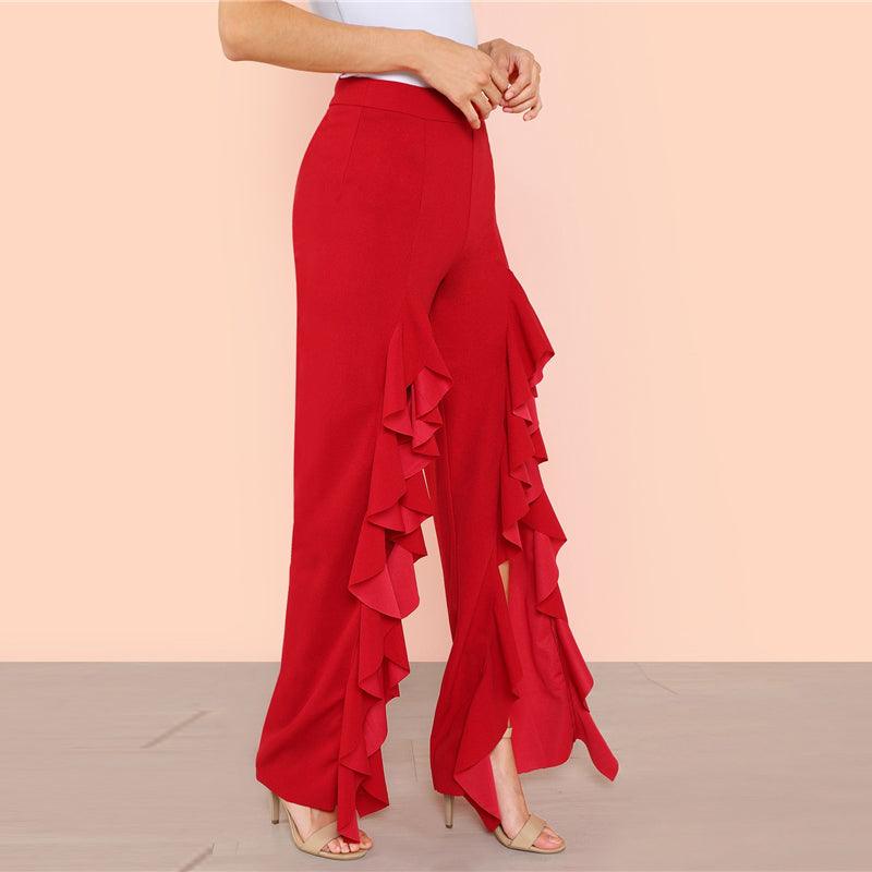 ROE S RED RUFFLE SPLIT PANTS