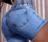 SKINNY ELASTIC WAIST COATED DENIM SHORTS - B ANN'S BOUTIQUE, LLC