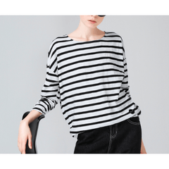 STRIPE PRINTED LOOSE BASE CASUAL LONG SLEEVE O-NECK WOMENS TOP