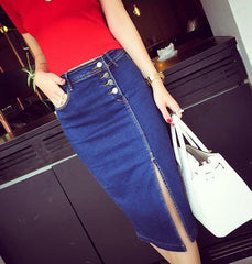 THE DENIM BUTTON-UP SPLIT SKIRT