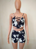 TWO PIECE NAVY FLORAL LACE-UP SHORTS SET - B ANN'S BOUTIQUE, LLC